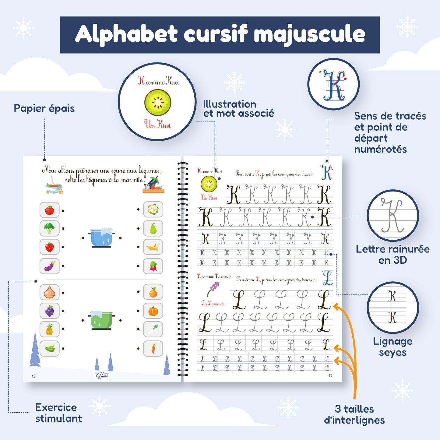 4 cahiers d'écriture Halibel : Cursifs (Minuscule & Majuscule) - Chiffres - Dessins