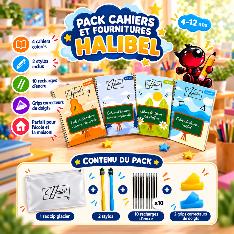 4 cahiers d'écriture Halibel : Cursifs (Minuscule & Majuscule) - Chiffres - Dessins